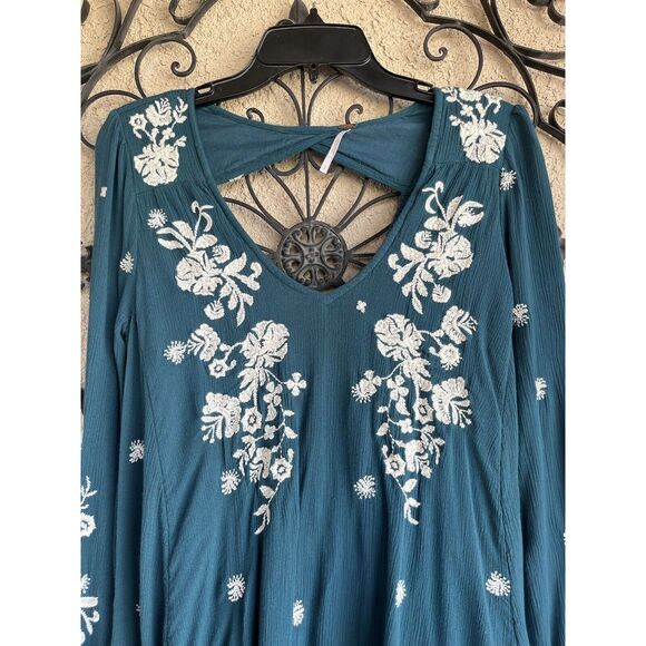 Free People Sweet Tennessee Boho Embroidered Dress - Size S- Teal Blue - Picture 6 of 12